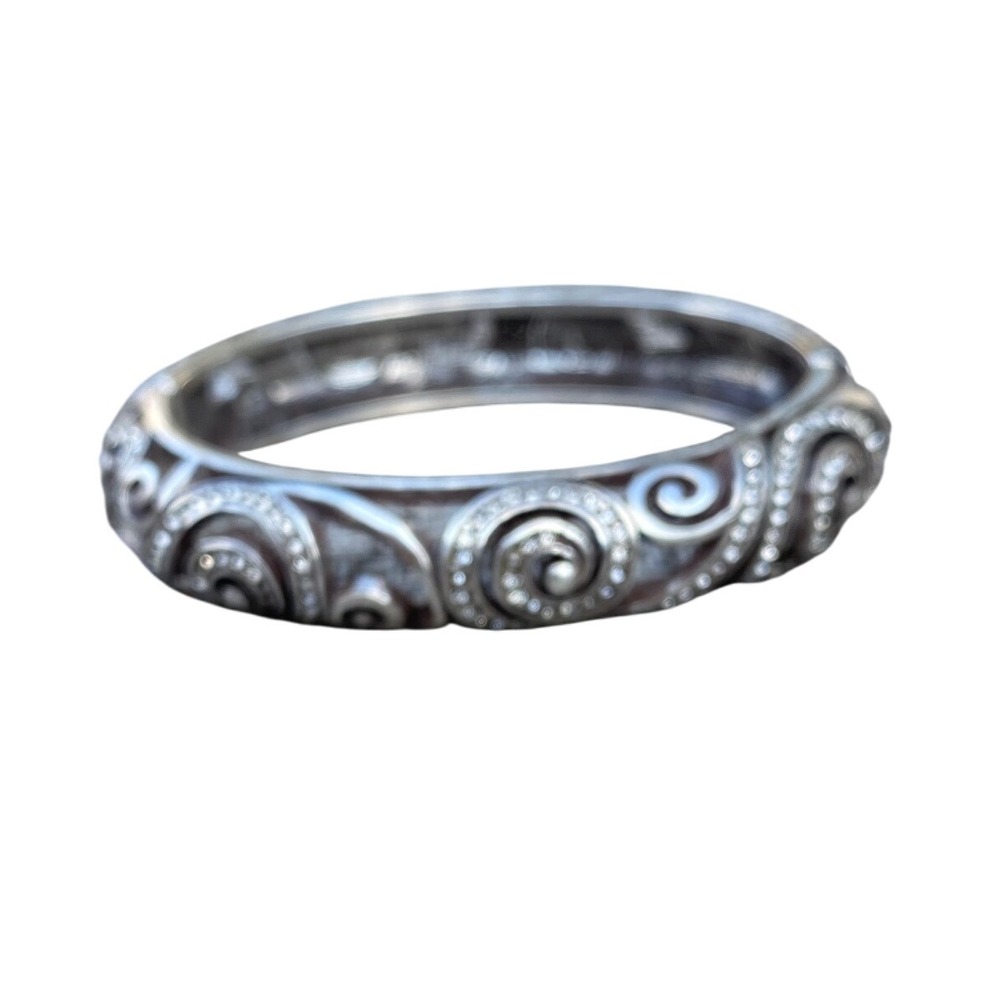 Brighton Silver Scroll Rhinestone Hinged Bangle Bracelet